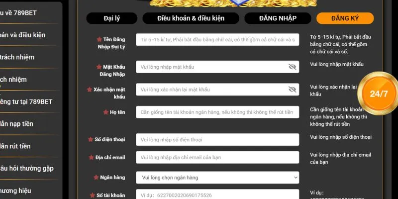 Điền đầy đủ thông tin đăng ký đại lý theo yêu cầu của 789bet